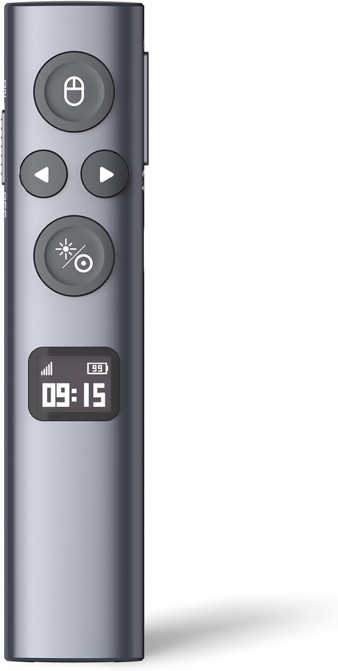 Norwii N95s BLE Presentation Clicker with Digital Pointer for PowerPoint Presentation on TV Screen and Projection Screen, Wireless Presenter Remote with Countdown Timer (Green Light-USB-A)