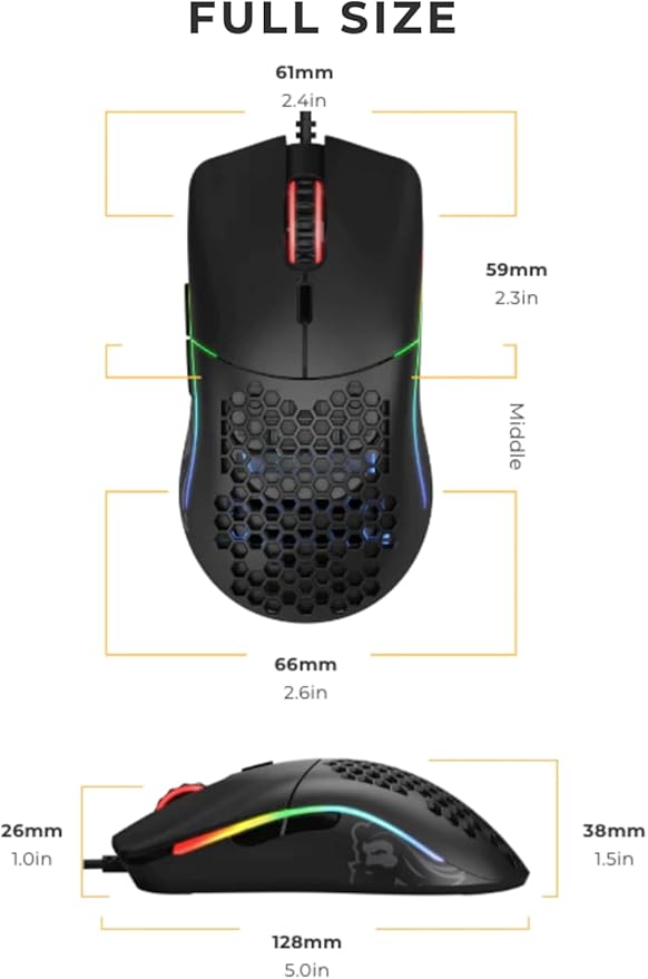 Glorious Model O Wired Gaming Mouse 67g Superlight Honeycomb Design, RGB, Pixart 3360 Sensor, Omron Switches, Ambidextrous - Matte Black