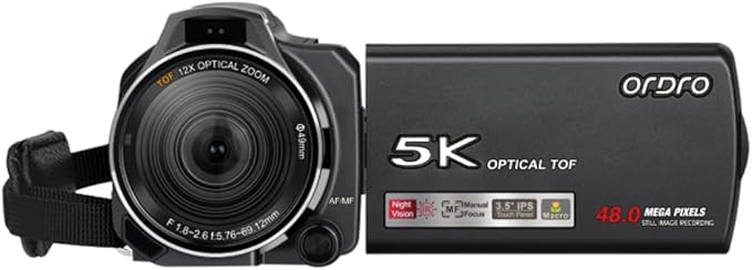 ORDRO XV80 Video Camera Camcorder 5K 48MP UHD 1080P 60fps 12X Optical Zoom for YouTube, IR Night Vision 40X Digital Zoom 3.5” Touch Screen Vlog Camera with APP Connection