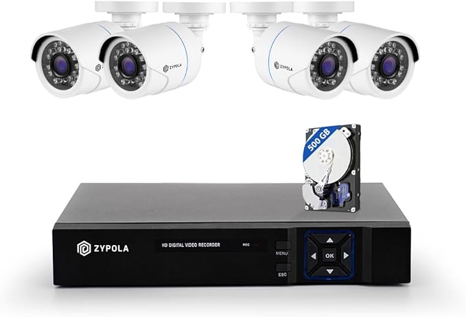 Zypola® 8 Channel Security Camera System with 500GB Hard Drive, 1080P DVR Recorder with 4 Outdoor Wired CCTV Cameras, Night Vision, Motion Detection, Remote Access via App