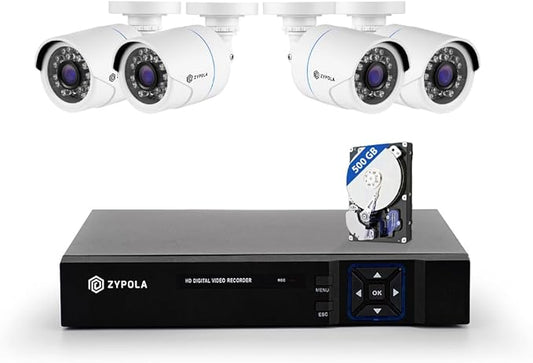 Zypola® 8 Channel Security Camera System with 500GB Hard Drive, 1080P DVR Recorder with 4 Outdoor Wired CCTV Cameras, Night Vision, Motion Detection, Remote Access via App