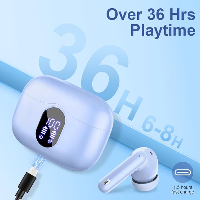 Wireless Earbuds, Bluetooth 5.4 Headphones Bass with Noise Cancelling Mic, Stereo Ear Buds, in Ear Earphones LED Display, IP7 Waterproof, 36H Playtime for Laptop Phones Sports Workout, Sky Blue