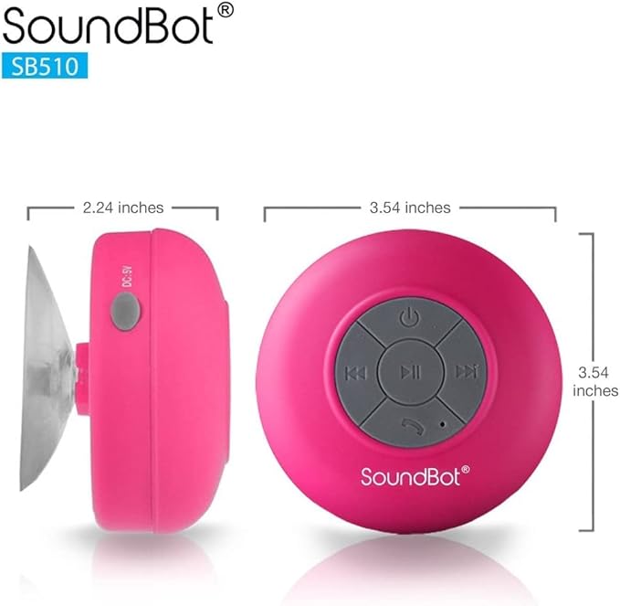 Soundbot SB510 HD Water Resistant Bluetooth Shower Speaker, Handsfree Portable Speakerphone with Built-in Mic, 6hrs of Playtime, Control Buttons and Dedicated Suction Cup for Showers (Pink)