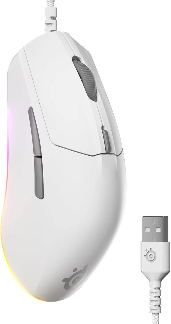 SteelSeries Rival 3 Gen 2 Gaming Mouse — 8500 DPI TrueMove Core Optical Sensor — 60 Million Click Durability — Low Latency — 77g Lightweight — 100% PTFE Feet — RGB — White
