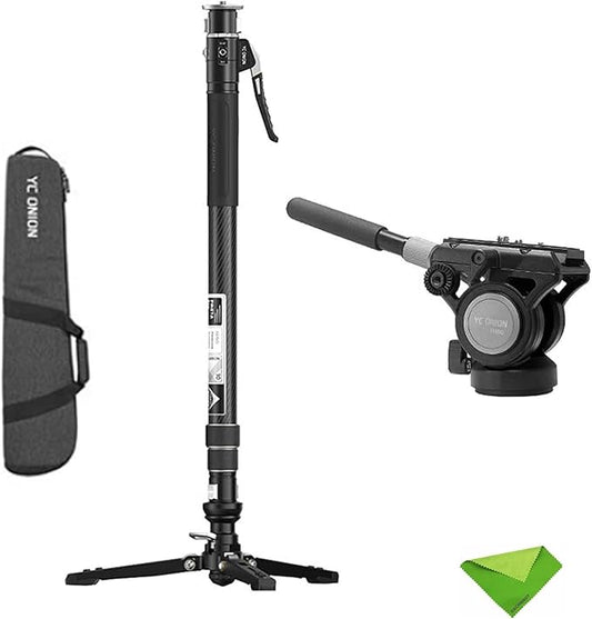 YC Onion Pineta Pro Carbon Fiber Monopod with FH60 Fluid Head and Pedal Base, Light Stand Lightweight Travel Monopod with Quick Release Plate for Sony Canon Nikon DSLR Cameras, Gimbal and etc