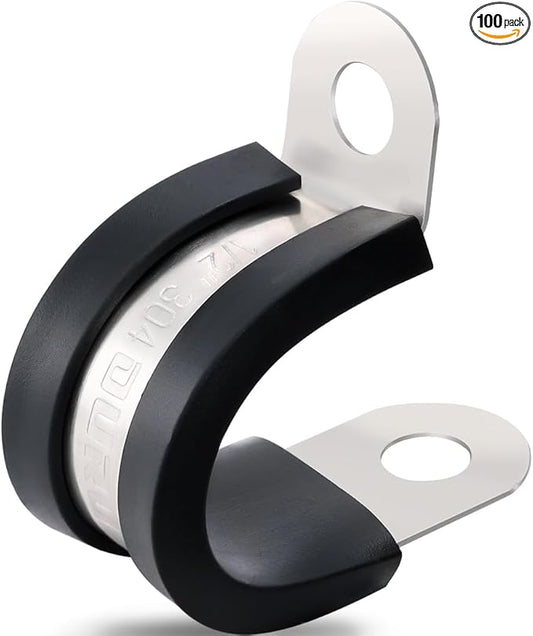 100PCS Cable Clamps 1/2 Inch 304 Stainless Steel Cable Clamps Rubber Coated Cushioned Insulated Cable Clamp,Automotive Wire Clamps,Pipe Clamps,Metal Clamp for Tube,Wire Cord Installation(13mm)