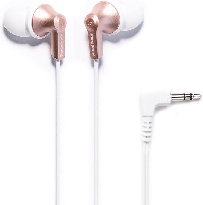 Panasonic ErgoFit Wired Earbuds, 3.5mm Jack In-Ear Headphones Wired with Dynamic Crystal-Clear Sound and Soft Ergonomic Custom-Fit Earpieces (S/M/L), for Phones and Laptops - RP-HJE120-N (Rose Gold)