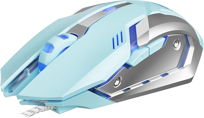 EWEADN G3 Wired Gaming Mouse, 2400 DPI Wired Optical Mouse with 6 Programmable Macro Buttons, Metal Base, 4-Color Breathing Light for PC/Laptop/Windows-Blue