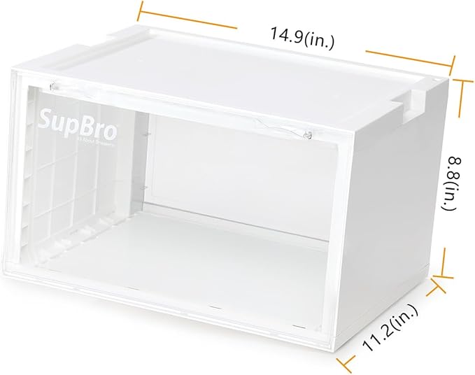 SupBro Led Collection Crate - Voice Control - Easy Access Storage Shoes box, Stackable Shoe Storage with clear plastic door for sneakers - (11.2 x 14.9 x 8.8 inch (2pack), White)
