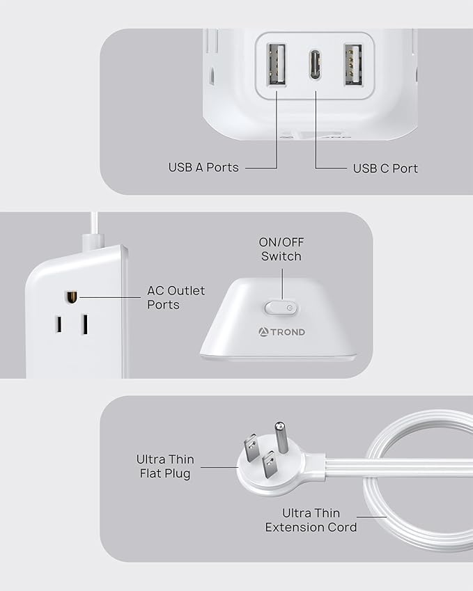 TROND 15ft Long Extension Cord, Ultra Thin Flat Plug Power Strip, 5 Widely-Spaced AC Outlets and 3 USB Ports, 1440J Surge Protector, 3-Sided Wall Mount for Home Office Dorm Room, White