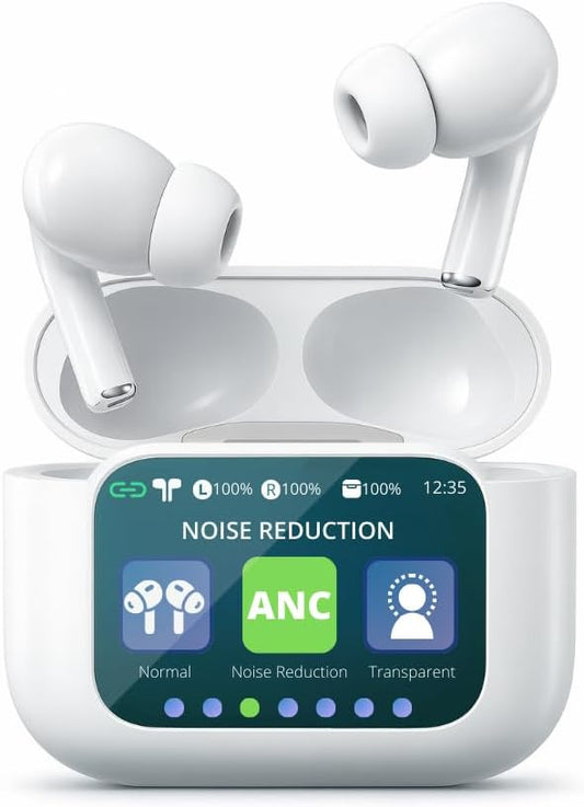 Audionic Airtouch 40 Wireless Earbuds, Bluetooth 5.4, Ultra-Wide LED Touchscreen Case, ANC/ENC Noise Cancelling, Low Latency, Hi-Fi Sound, for Android/iOS (White)