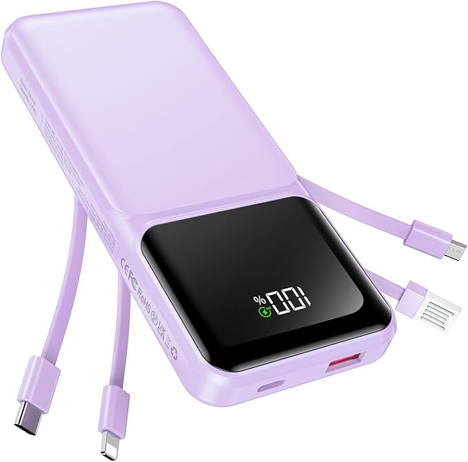 Portable Charger with Built in Cable - 20000mAh Fast Charging 22.5W Power Bank USB C LED Display Slim Battery Pack 5 Outputs & 3 Inputs for Travel Essentials iPhone Samsung Android Phones Tablets