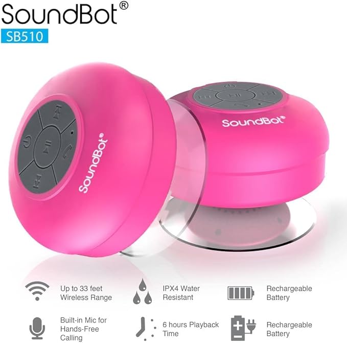 Soundbot SB510 HD Water Resistant Bluetooth Shower Speaker, Handsfree Portable Speakerphone with Built-in Mic, 6hrs of Playtime, Control Buttons and Dedicated Suction Cup for Showers (Pink)