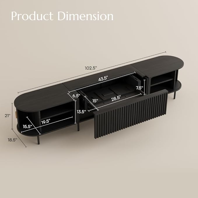 102" Ultra Short Throw Projector TV Stand, Mid-Century Modern Electric Cabinet with Linkage Memory Function and Ample Storage Space, Wood Entertainment Center, Anti-Pinch Design, Black