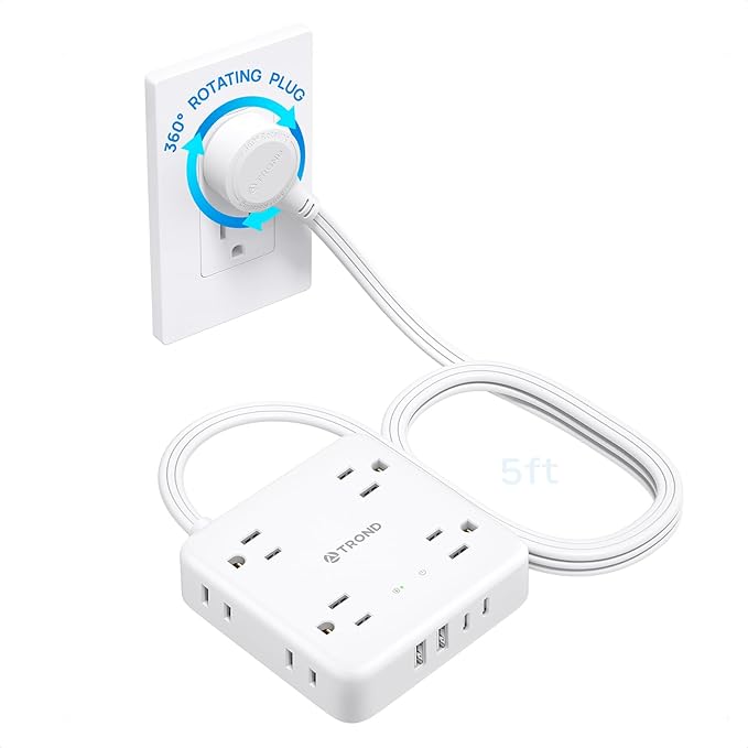 TROND 360° Rotating Plug Power Strip, 5FT Flat Extension Cord with Multiple Outlets 4 USB (2 USB C), Wall Mount Surge Protector 1440 Joules for Home Office Travel Dorm Room Essentials, White
