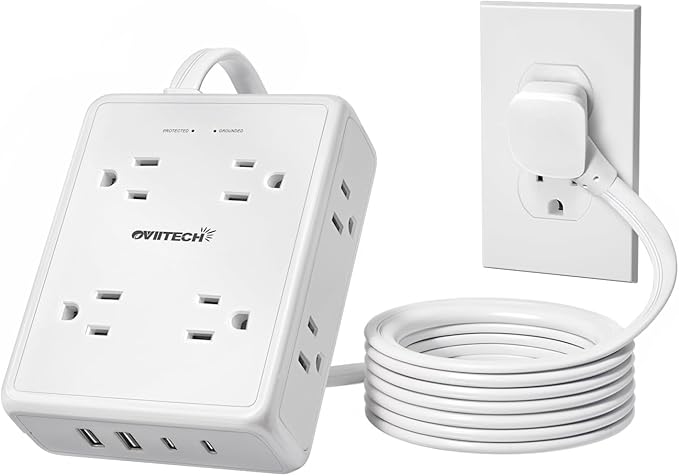 Surge Protector Flat Extension Cord Power Strip 6Ft, 8 Outlets with 4USB Ports (2 USB-C), 1350 Joules Protection, Ideal for Office, Home, White