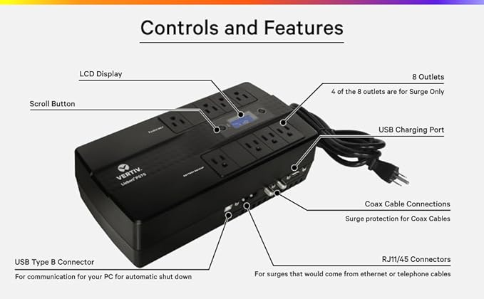 Vertiv Liebert PST5 UPS - 850VA/500W 120V Standby Power, 8 Outlets, Battery Backup with Surge Protection, LCD Screen, Energy Star Certified, 3 Year Warranty, Free Shutdown Software (PST5-850MT120)