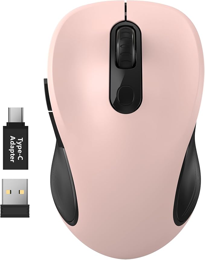 WisFox 2.4G Wireless Mouse for Laptop, Ergonomic Computer Mouse with USB Receiver and Type-C Adapter, 3 Adjustable Levels DPI, 6 Button Cordless Wireless Mice (Pink)