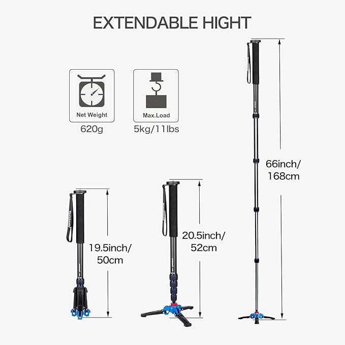 Koolehaoda Camera Monopod Stand, 65inch Extendable Aluminum Monopod with Folding Tripod Support Base for Nikon Sony DSLR, Maximum Load of 5 kg