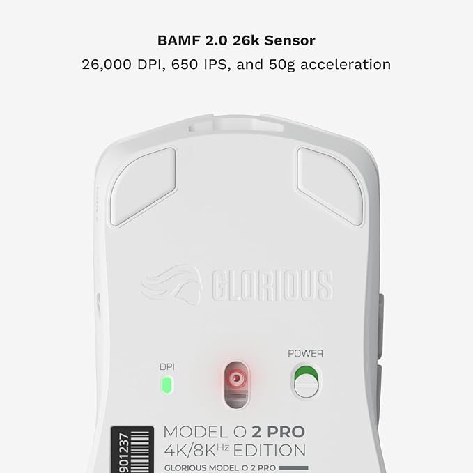 Glorious Gaming Model O 2 PRO 4K/8K White Wireless Gaming Mouse - 2.4GHz Wireless 1ms delay, 4K/8K Polling, 100M clicks, 59g Ultralight, Long Battery Life, 26K DPI BAMF 2.0 Sensor, 6 Buttons