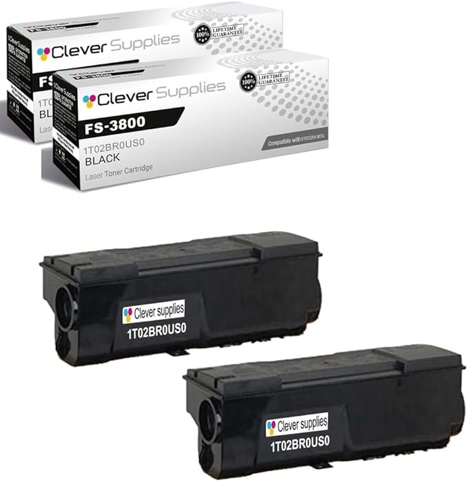 Clever Supplies CS Replacement Compatible with Kyocera FS 3800 Toner Cartridge 1T02BR0US0 to use with FS-1800 FS-1800N FS-1900 FS-1900N FS-3800N (Black, 2-Pack)