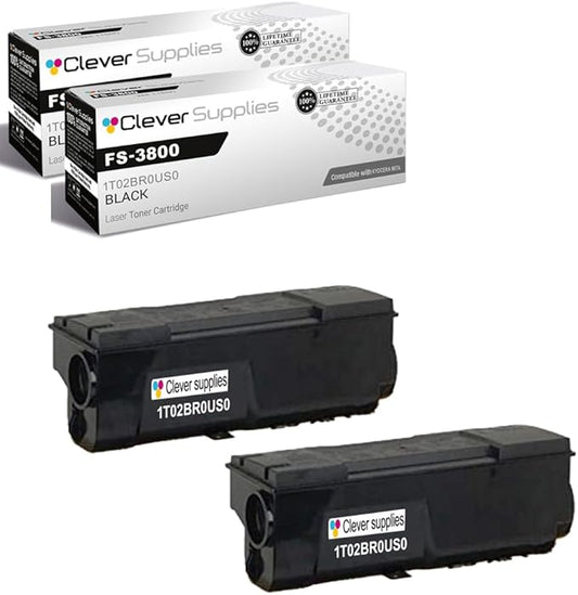Clever Supplies CS Replacement Compatible with Kyocera FS 3800 Toner Cartridge 1T02BR0US0 to use with FS-1800 FS-1800N FS-1900 FS-1900N FS-3800N (Black, 2-Pack)