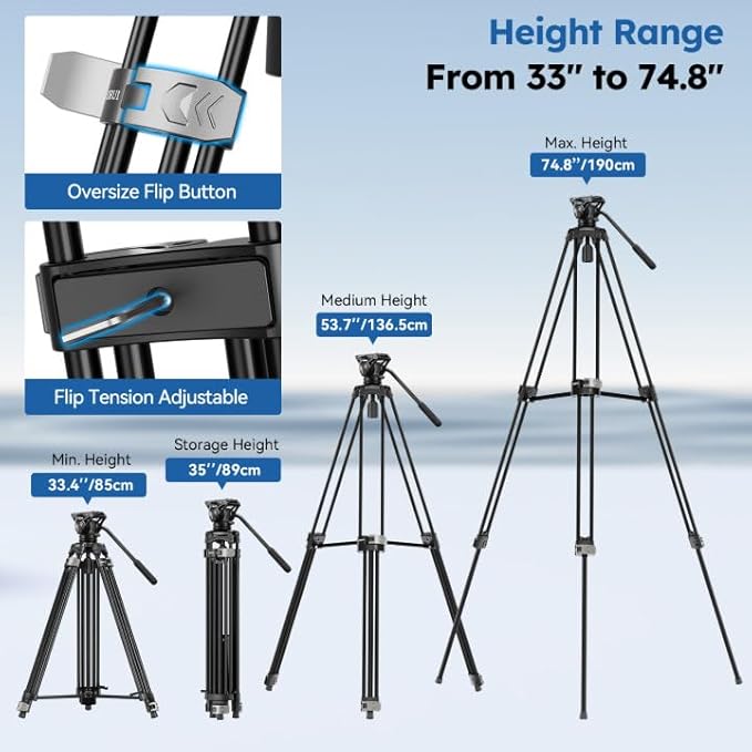 SIRUI Heavy-Duty Video Tripod with Fluid Head – Durable Aluminum Alloy Construction, Adjustable Height for Smooth Video Recording, Stable Support 22.0lbs for Cameras & Camcorders(AVT-02)