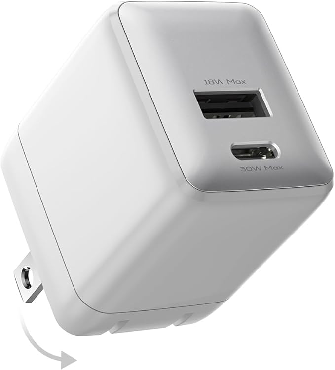 USB C Fast Charging Charger, 30W Dual-Port GaN Nano Charger with Foldable Plug for iPhone 16/15 Series, iPad, Galaxy S24 Ultra and More Series, (White, 1 Pack)