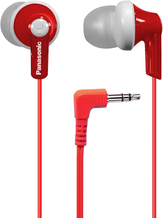 Panasonic ErgoFit Wired Earbuds, 3.5mm Jack In-Ear Headphones Wired with Dynamic Crystal-Clear Sound and Ultra Soft Ergonomic Custom-Fit Earpieces (S/M/L), for Phones and Laptops - RP-HJE120-R (Red)
