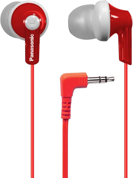 Panasonic ErgoFit Wired Earbuds, 3.5mm Jack In-Ear Headphones Wired with Dynamic Crystal-Clear Sound and Ultra Soft Ergonomic Custom-Fit Earpieces (S/M/L), for Phones and Laptops - RP-HJE120-R (Red)