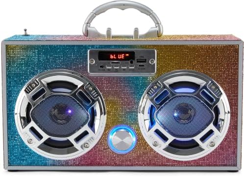 Boombox Speaker with LED Lights – Retro Bluetooth Speaker w/Enhanced FM Radio - Perfect for Home and Outdoor (Swirl Bling)