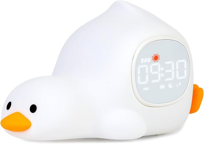Alarm Clock for Kids with Night Light, Sleep Training Clock Time to Wake Clock, Rechargeable Silicone Light for Bedroom, Perfect Sleep Companion for Boys Girls, Laying Duck