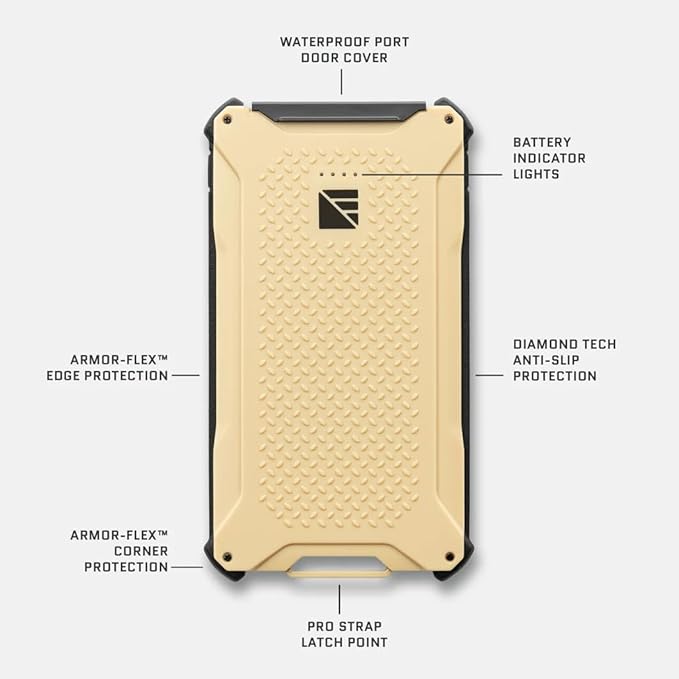 Dark Energy Poseidon Pro Indestructible Portable Charger | USB-A and USB-C Connectors, Ultra-Durable Armorflex, Long Lasting Battery, 10,000 mAh | Signature Series Plugs, Desert Tan