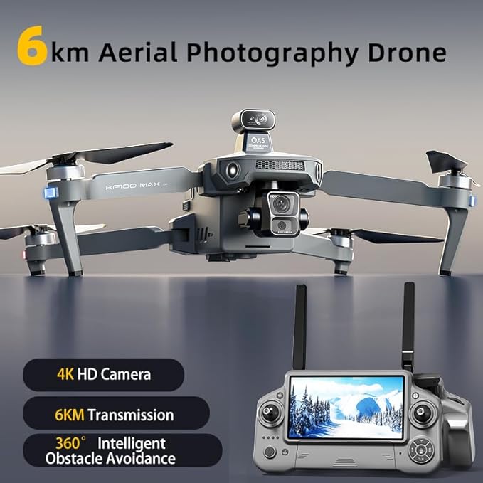 KF100 MAX Drones with Camera 4K for Adults, 19685ft Control Distance, Remote Control with 5.5 Inch Screen, 3-Axis Gimbal, 360° Obstacle Avoidance, Professional RC Quadcopter Drone, 3 Batteries
