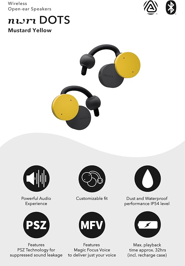 nwm DOTS Wireless On-Ear Speakers (Open Ear Earphones) Sound Leakage suppressed (PSZ Technology - Bone Conduction Alternative) with Optimal Microphone Function Designed in Japan | Mustard Yellow