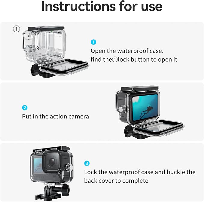 TELESIN Waterproof Case for GoPro Hero 13/12/11/10/9 Black, 60M/196FT with Quick Release Buckle Mount, Black, Acrylic, Camera Case, Waterproof