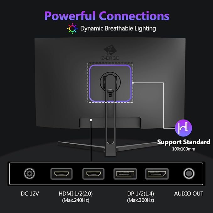 Z-Edge 27 inch Curved Gaming Monitor, FHD 1080P 300Hz 240Hz PC Monitor, Ultra-Fast MPRT 1ms Curved Monitor, 1500R, 16.7M Colors, UG27H Frameless Bezel, 2X DP 1.4 Ports and 2X HDMI 2.0 Ports