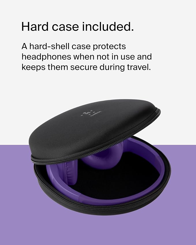 Belkin SoundForm Mini - Wireless Bluetooth Kids Headphones, 30H Battery, 85dB Safe Volume Limit, Built-in Microphone - Toddler On-Ear Earphones for iPhone, iPad - Ideal for School - Purple w/Case