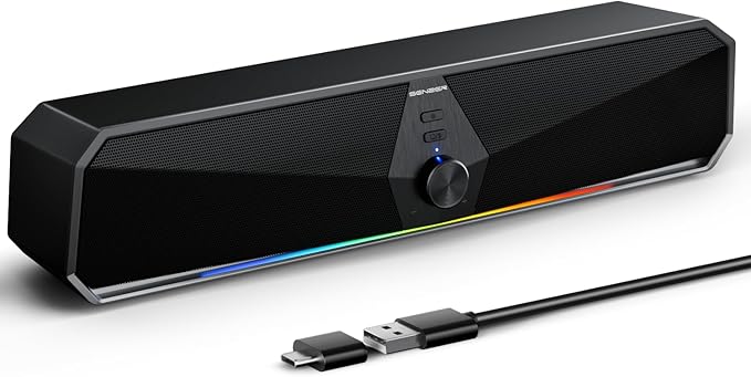 SENZER CS30 Bluetooth Computer Speakers for Desktop, USB Plug & Play PC Speakers with Dynamic LED Light, Stereo Sound Soundbar for Desktop Laptop Monitor (USB-C Adapter Included)