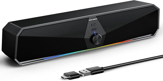 SENZER CS30 Bluetooth Computer Speakers for Desktop, USB Plug & Play PC Speakers with Dynamic LED Light, Stereo Sound Soundbar for Desktop Laptop Monitor (USB-C Adapter Included)