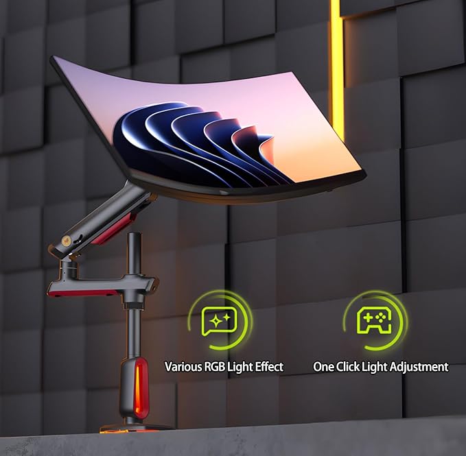 NB Extra Height Gaming Monitor Arm for 32 to 60 Inches Screen, Load up to 20 kg, VESA 75/100, RGB-Light, Heavy Duty, Multi Angle Adjustable, Premium Aluminum, Long Arm Extension Red