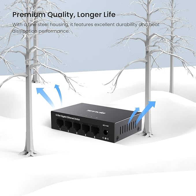 Tenda TEG1005D 5 Port Gigabit Switch, Unmanaged Ethernet Switch, Network Splitter with Traffic Optimization, Plug & Play, Fanless Metal Design Network Switch, Traffic Optimization(Grey)