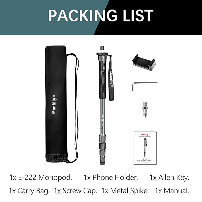 Manbily 65-Inch Camera Monopod, 5 Sections Aluminum Travel Monopod for Canon Nikon Sony DSLR Cameras Video Camcorder, Compact Portable Lightweight（E-222） (Gray)