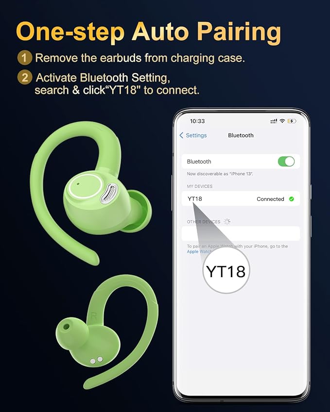 Wireless Earbuds, Bluetooth 5.4 Headphones Sport, Over Ear Buds With ENC Noise Cancelling Mic, 48H, Wireless Earphone With Earhooks, Stereo Deep Bass, IP7 Waterproof ear bud for Workout Running, Green