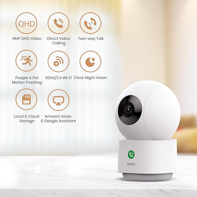 AOSU 4MP Security Camera Indoor, 2.5K Baby Monitor Pet Camera 360° for Home Security, WiFi Camera with 5/2.4 GHz Wi-Fi, One-Touch Call, Smart Motion Tracking, IR Night Vision, Compatible with Alexa