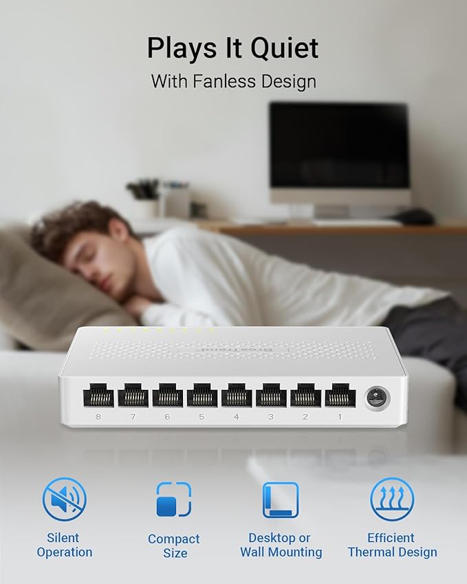 BrosTrend 2.5Gb Switch, 8 Port Network Switch 2.5 Gigabit, Unmanaged Ethernet Switch for Game Console, NAS, PC, Computer Networking Switch Plug & Play Fanless, Desktop Wall Mount, Lifetime Protection