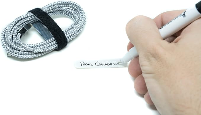 Replacement Cable Tags 1/2" x 2" White Labels Writable 50 Pack for Use on All Types of Hook and Loop Cable Ties and Most Types of Velour Fabric Material - Includes Bonus Permanent Marker