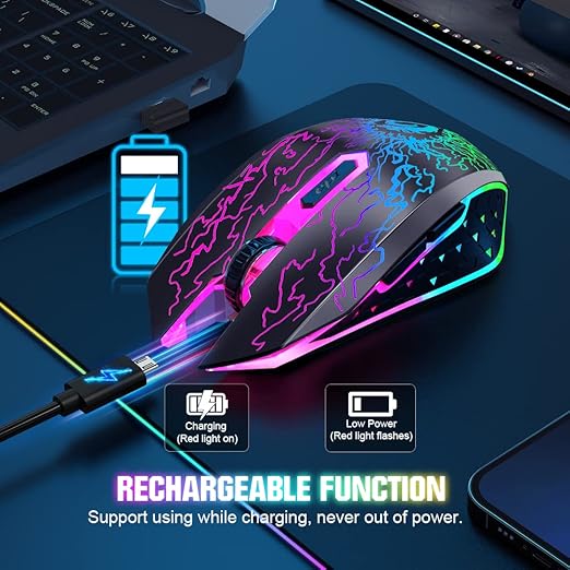 VersionTECH. Wireless Gaming Mouse, Rechargeable Computer Mouse Mice with Colorful LED Lights, Silent Click, 2.4G USB Nano Receiver, 3 Level DPI for PC Gamer Laptop Desktop Chromebook Mac-Black