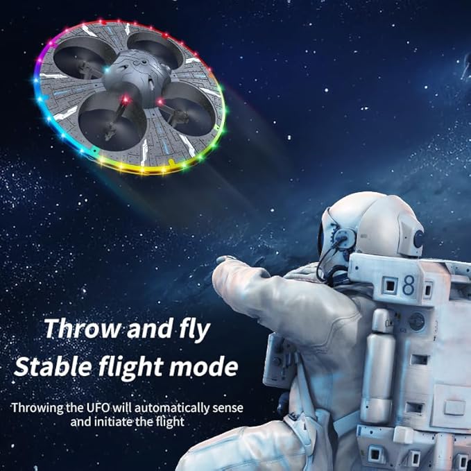 Round Foam RC UFO Drone with Camera, Multi-Color LED Lights (Color Switching), 360° Flips, Speed Adjustment, Remote Control Plane Helicopter, One-Key Takeoff/Landing, Beginner-Friendly FPV Quadcopter Airplane (Silvery)