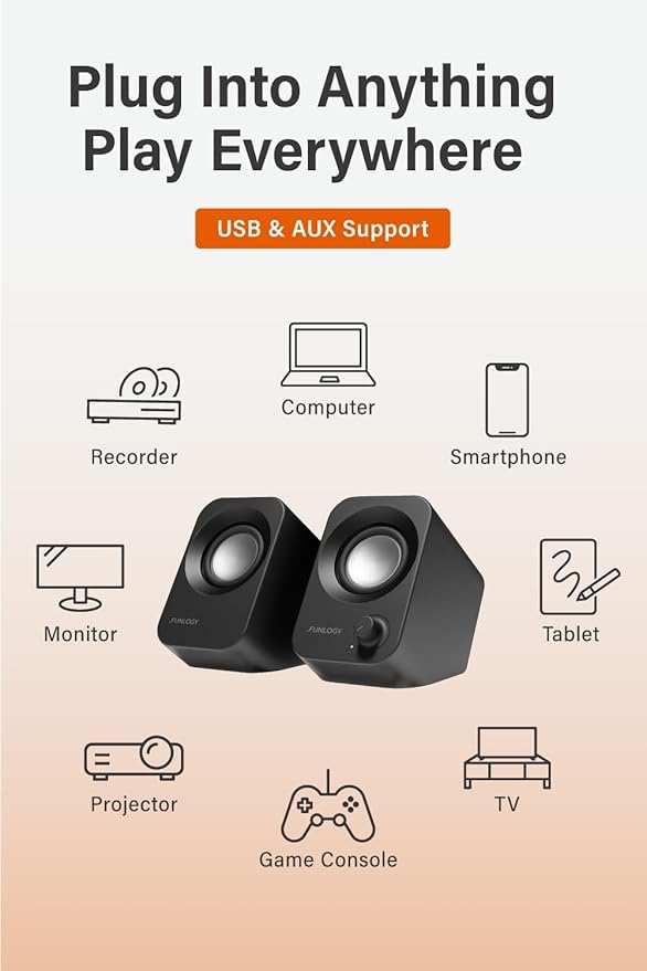 Speaker - 14W Stereo PC Speakers, USB Powered, Compact Size with 30° Tilt Design, Volume Dial Control, for Desktop, Laptop, Monitor, Gaming Consoles, Black